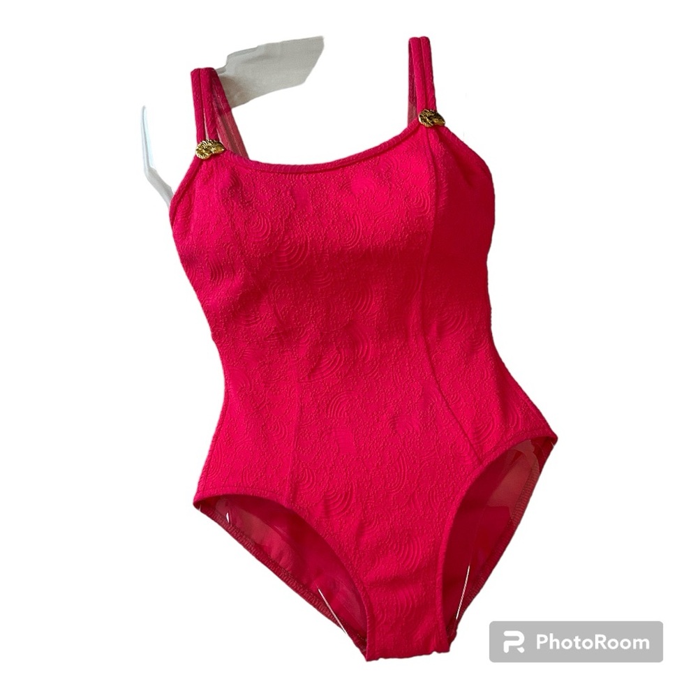 Vintage One Piece Swimsuit Nautical Shell Accents Pink Textured Made in USA 10